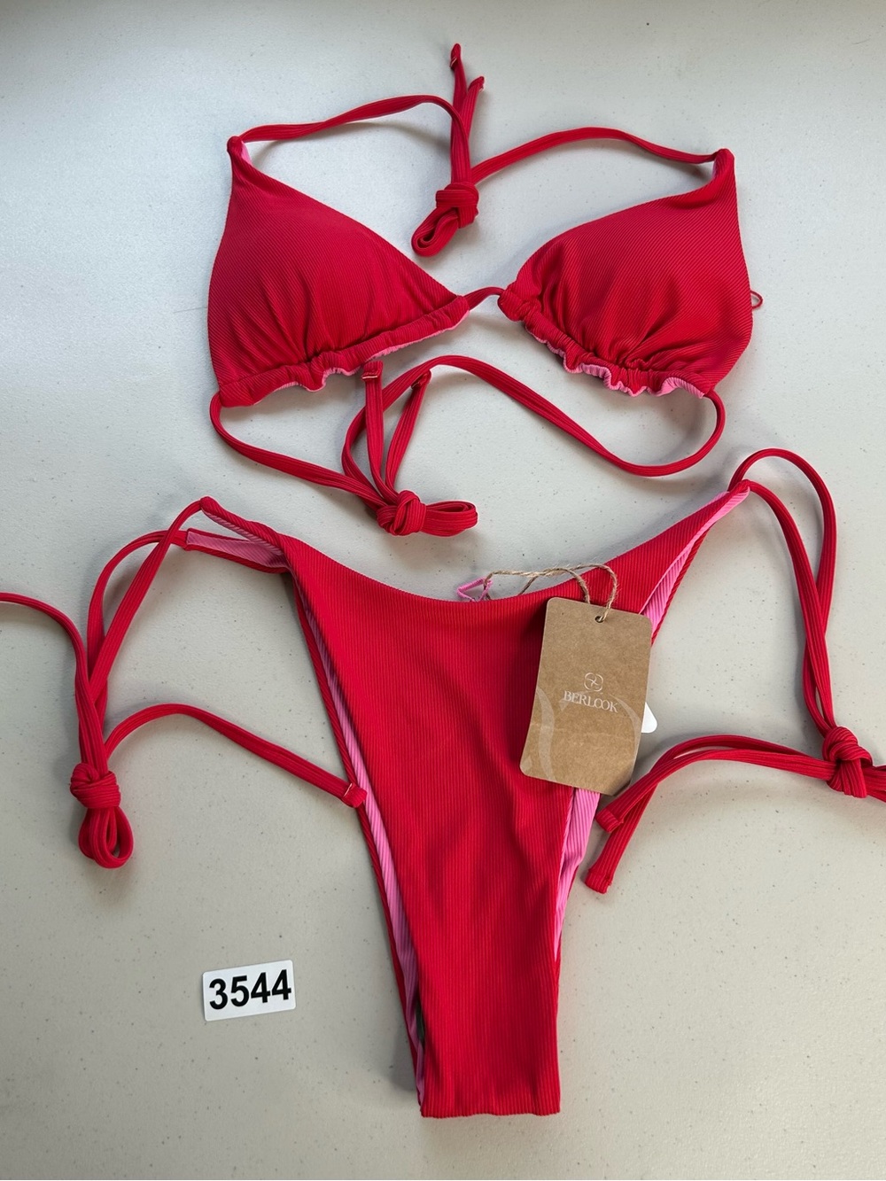 Berlook Bikini Set Small Red Pink Reversible ribbed New